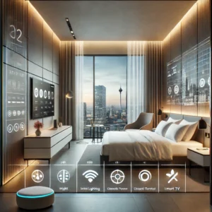 Una habitación de hotel moderna con integraciones tecnológicas avanzadas, incluyendo iluminación inteligente, control climático, y un asistente digital en la mesita de noche. La habitación tiene un diseño minimalista con materiales ecológicos y un televisor inteligente montado en la pared. Una gran ventana ofrece una vista de la ciudad.