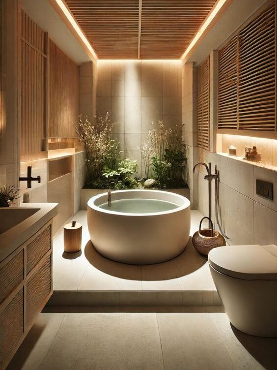  Baños moderno con tina circular, iluminación cálida y detalles de madera natural.