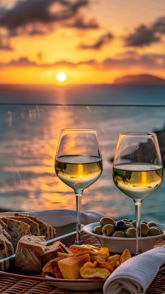 Dos copas de vino blanco en una terraza con vistas al atardecer en el mar.