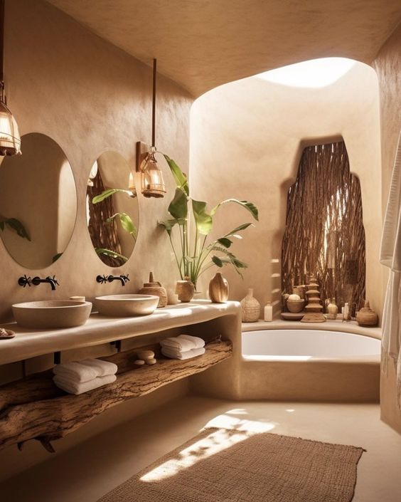 Baño de inspiración orgánica con materiales naturales, espejos redondos y vegetación.