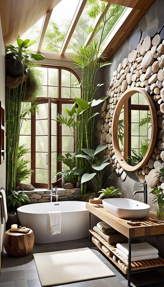 Baño natural con paredes de piedra, plantas y techo de madera.