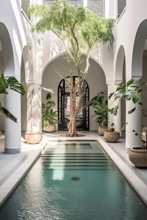 Patio con una piscina pequeña rodeada de columnas blancas y plantas decorativas.