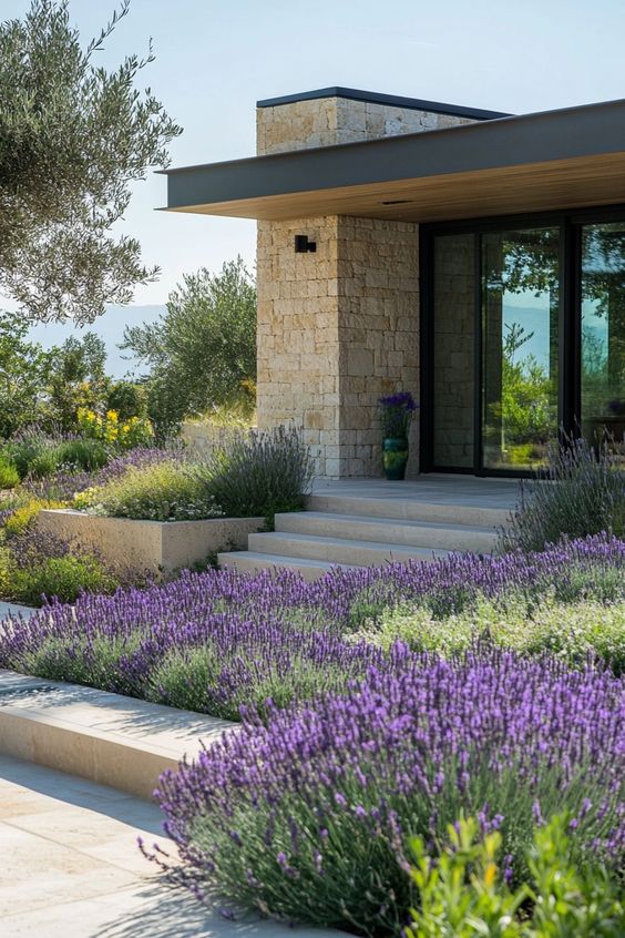 Fachada moderna rodeada de lavanda y vegetación autóctona.