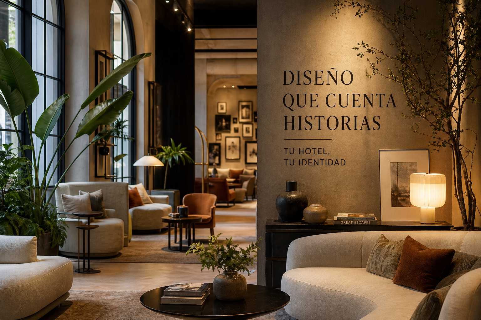 Diseño hotel con identidad en lobby boutique elegante que cuenta historias