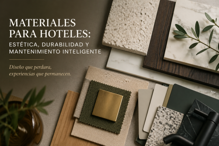 Materiales para hoteles con muestras de madera, piedra y textiles para interiorismo hotelero