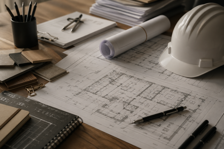 Reforma hotelera con planos de diseño, casco de obra y materiales sobre mesa de trabajo