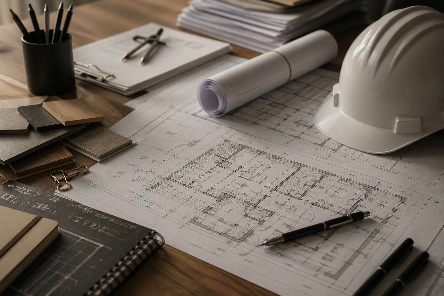 Reforma hotelera con planos de diseño, casco de obra y materiales sobre mesa de trabajo