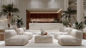 Hotel elegante sin recargar con iluminación cálida y materiales naturales