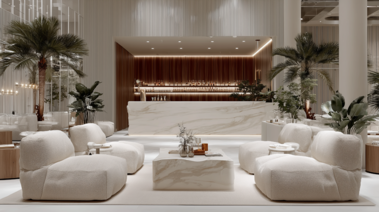 Hotel elegante sin recargar con iluminación cálida y materiales naturales