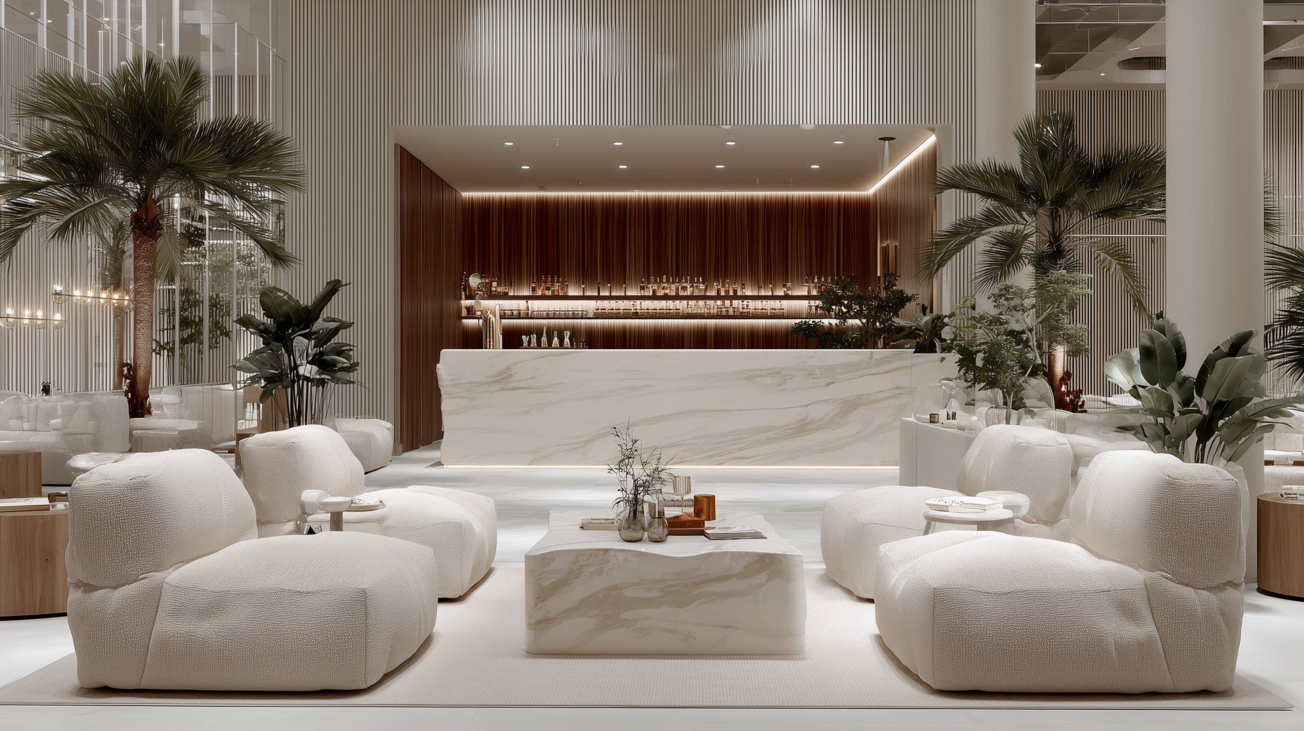 Hotel elegante sin recargar con iluminación cálida y materiales naturales